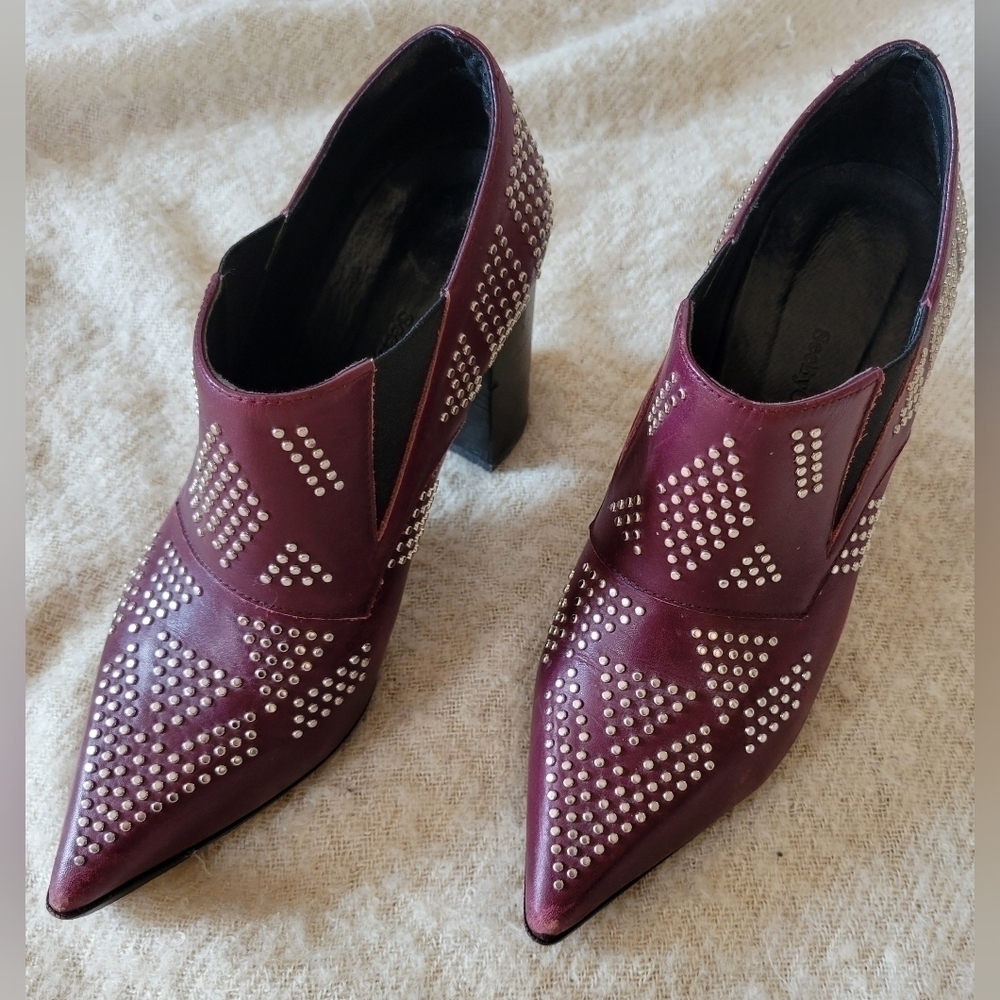 See by Chloe Leather Carnaby Shine Studded Ankle Bootie Ginger Burgundy-Size 38 - Picture 2 of 6